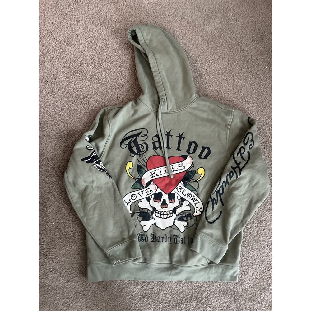 Ed Hardy Love Kills Slowly Men's Pullover Hoodie Light Olive L